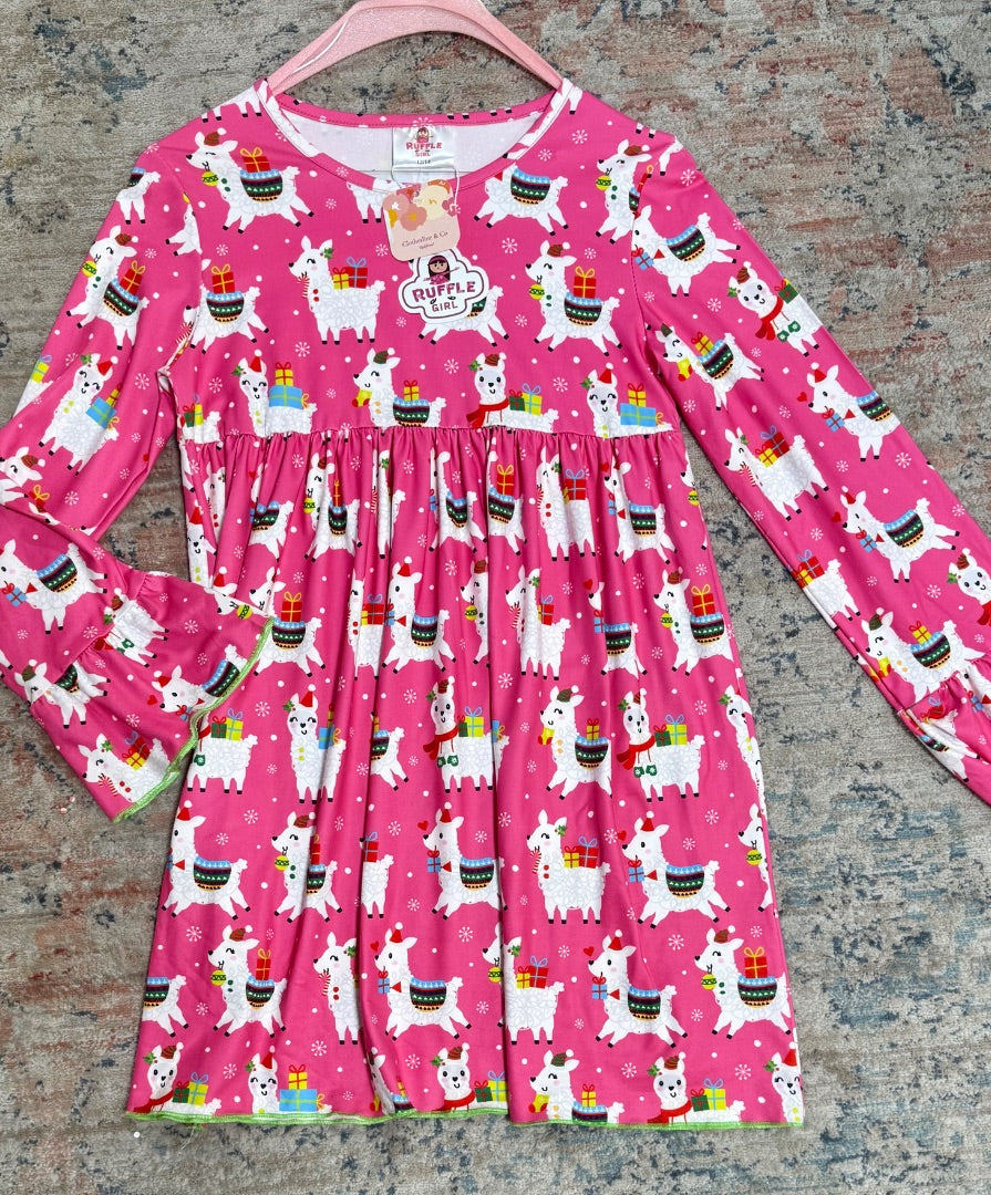 Pink Llama Ruffle Girl Dress, 12/14