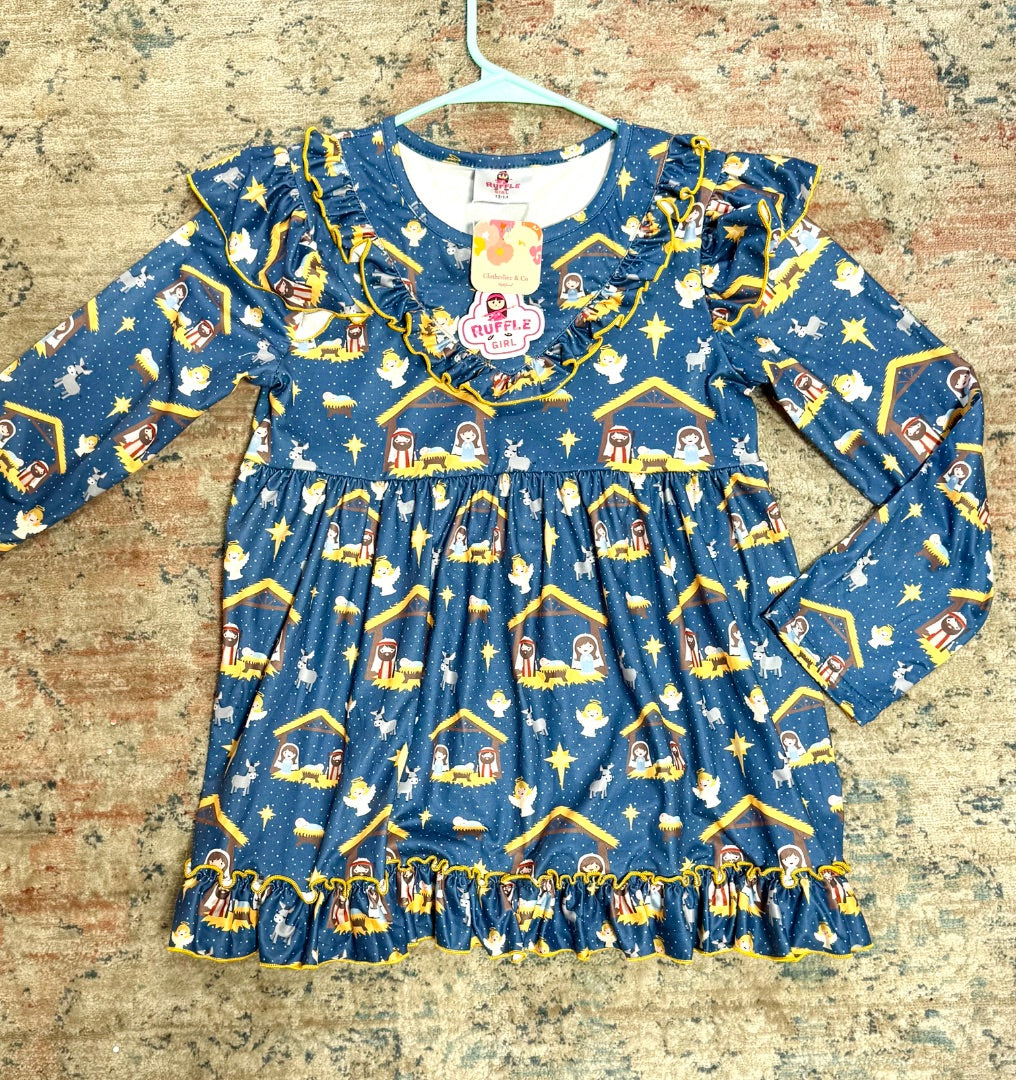 Blue Nativity Ruffle Girl Top, 12/14